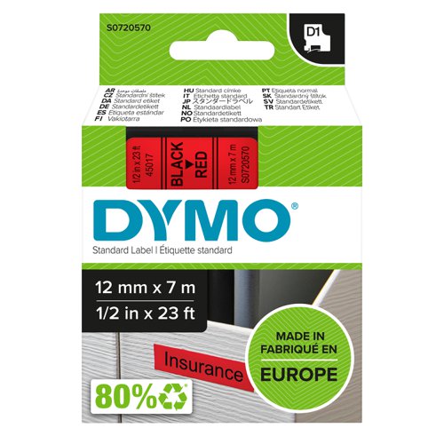 Dymo+D1+Label+Tape+12mmx7m+Black+on+Red+-+S0720570