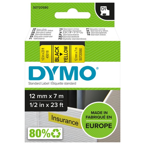 Dymo+D1+Tape+for+Electronic+Labelmakers+12mmx7m+Black+on+Yellow+Ref+45018+S0720580