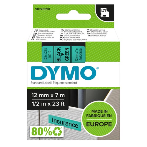 Dymo+D1+Label+Tape+12mmx7m+Black+on+Green+-+S0720590