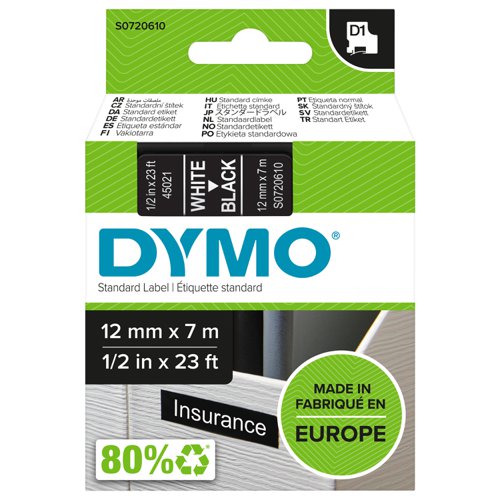 Dymo D1 Tape for Electronic Labelmakers 12mmx7m White on Black Ref 45021 S0720610