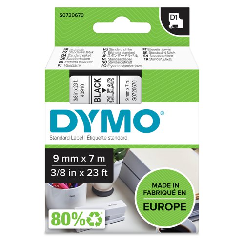 Dymo+D1+Label+Tape+9mmx7m+Black+on+Transparent+-+S0720670