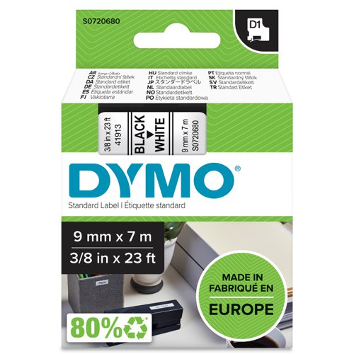Dymo+D1+Label+Tape+9mmx7m+Black+on+White+-+S0720680