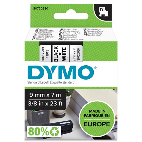 Dymo D1 Tape for Electronic Labelmakers 9mmx7m Black on White Ref 40913 S0720680