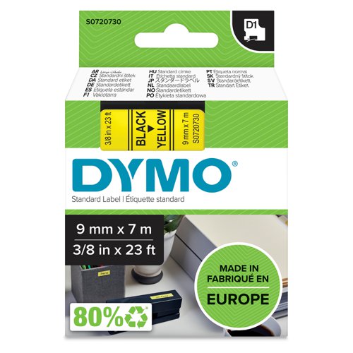 Dymo+D1+Label+Tape+9mmx7m+Black+on+Yellow+-+S0720730