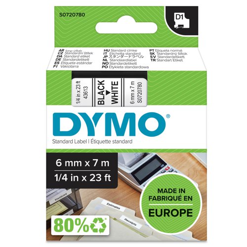 Dymo+D1+Label+Tape+6mmx7m+Black+on+White+-+S0720780