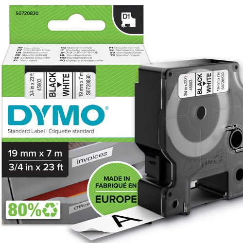 Dymo D1 Tape for Electronic Labelmakers 19mmx7m Black on White Ref 45803 S0720830