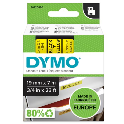 Dymo D1 Tape for Electronic Labelmakers 19mmx7m Black on Yellow Ref 4580845808 S0720880