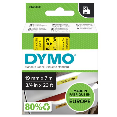 Dymo+D1+Label+Tape+19mmx7m+Black+on+Yellow+-+S0720880