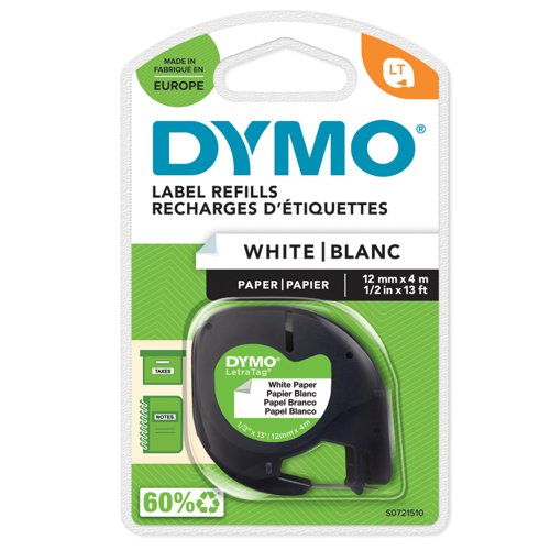 Dymo+LetraTag+Label+Tape+Paper+12mmx4m+Black+on+White+-+S0721510