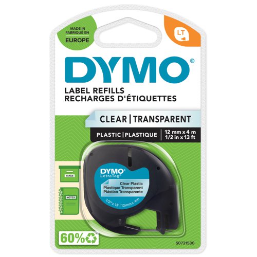 Dymo+LetraTag+Clear+Plastic+Tape+12mmx4m+Black+on+Clear+S0721530