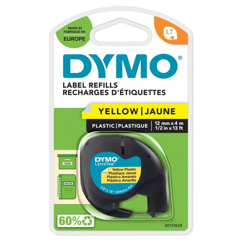 Dymo+LetraTag+Clear+Plastic+Tape+12mmx4m+Black+on+Yellow+S0721620