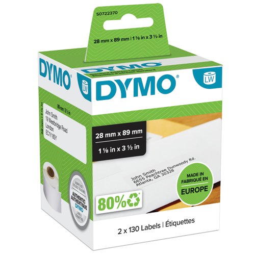 Dymo+LabelWriter+Standard+Address+Label+28x89mm+130+Labels+Per+Roll+White+%28Pack+2%29+-+S0722370