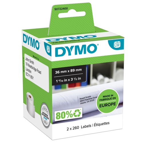 Dymo+Labelwriter+Labels+Large+Address+Labels+36x89mm+White+Ref+99012+S0722400+%5BPack+2x260%5D