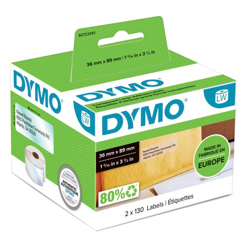 Dymo+LabelWriter+Large+Address+Label+36x89mm+260+Labels+Per+Roll+Clear+Plastic+-+S0722410