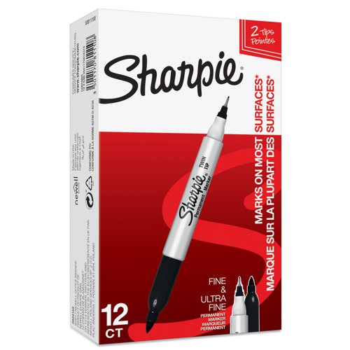 Sharpie+Twin+Tip+Permanent+Marker+0.5mm+and+0.7mm+Line+Black+%28Pack+12%29+-+S0811100