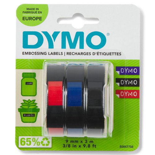 Dymo+Embossing+Tape+9mmx3m+Red+Black+and+Blue+%28Pack+3%29+S0847750