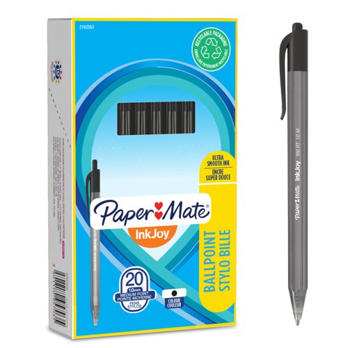 Paper+Mate+Inkjoy+100+Retractable+Ballpoint+Pen+Medium+1.0mm+Tip+0.7mm+Line+Black+Ref+S0957030+%5BPack+20%5D