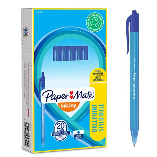 Paper+Mate+InkJoy+100+Retractable+Ballpoint+Pen+1.0mm+Tip+0.7mm+Line+Blue+%28Pack+20%29+-+S0957040