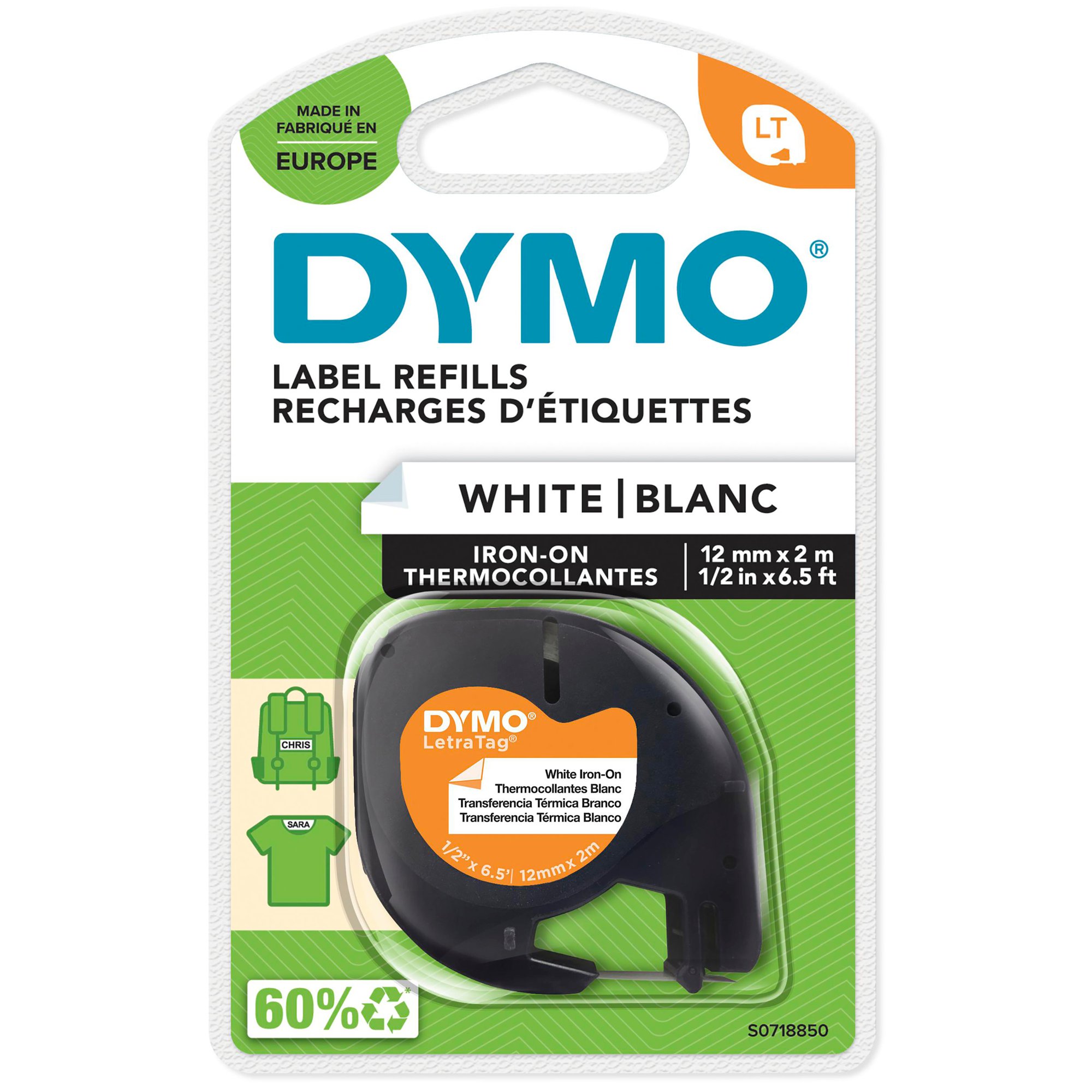 DYMO 18769 12MM X 2M BLACK ON WHITE IRON