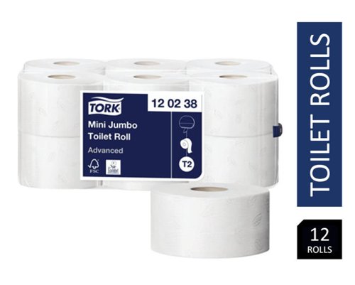 Tork T2 Mini Jumbo Advanced Toilet Roll 2-Ply Pack 12's {120238} Tork T2 Mini Jumbo Advanced Toilet Roll 2-Ply Pack 12's {120238}