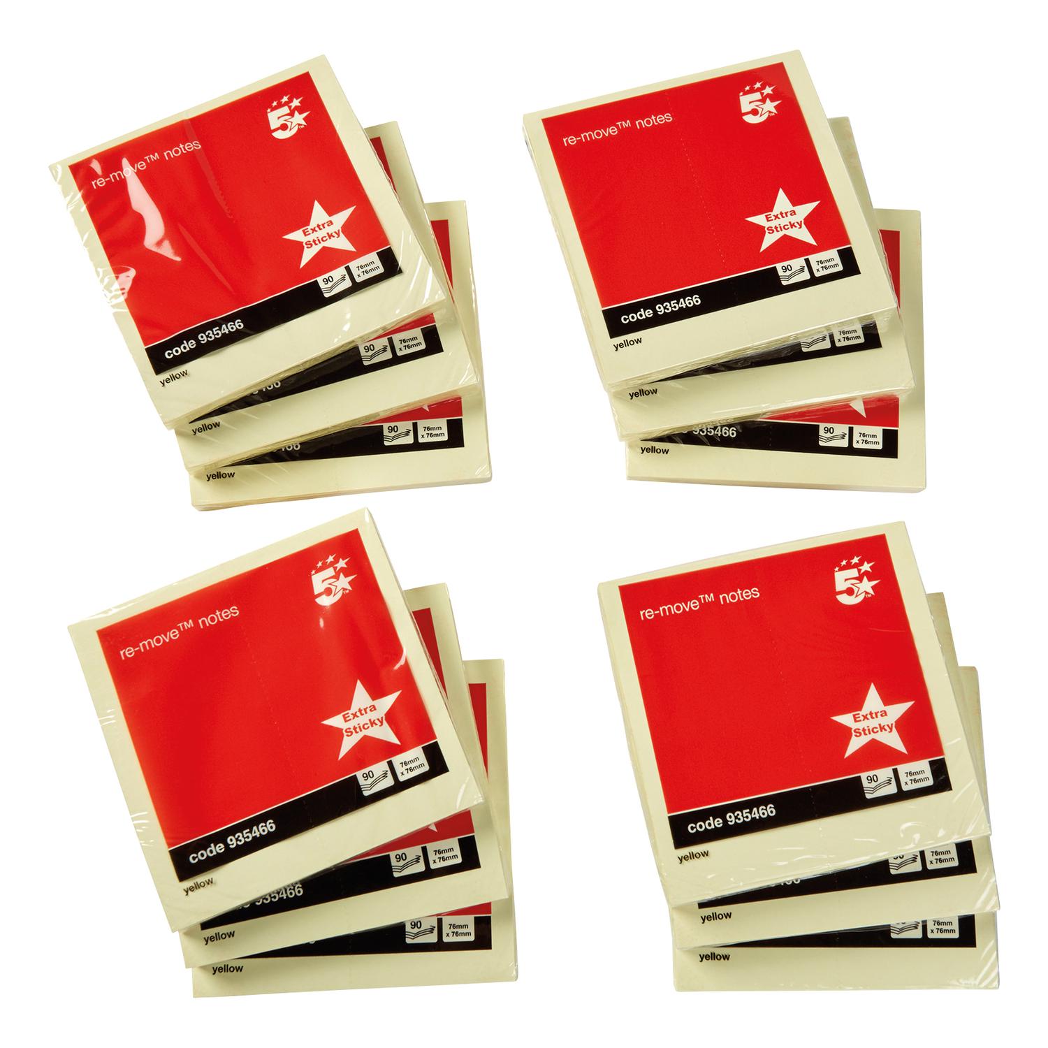 Image 2 of 5 Star Office Extra Sticky Re-Move Notes Pad of 90 Sheets 76x76mm Yellow [Pack 12]