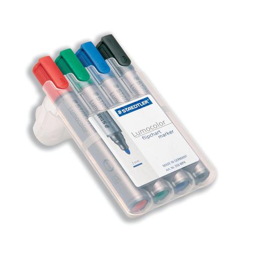 Staedtler Lumocolor Flipchart Markers Dry-safe Bullet Tip 2mm Wallet Asstd Colours Ref 356WP4 [Pack 4]