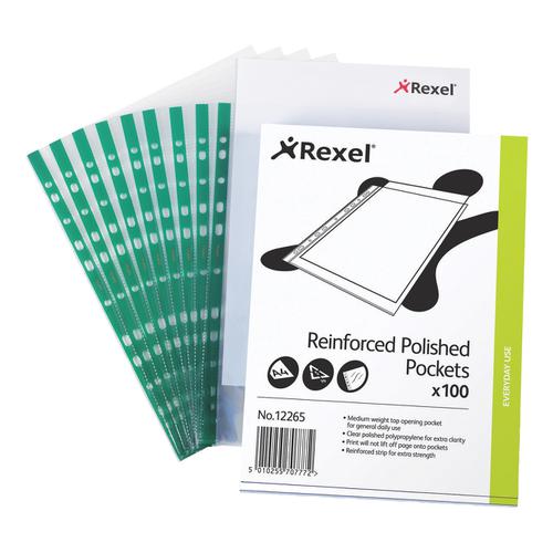 Rexel Polished Pocket Reinforced Green Strip Top-opening 80 Micron A4 Glass Clear Ref 12265 [Pack 100]