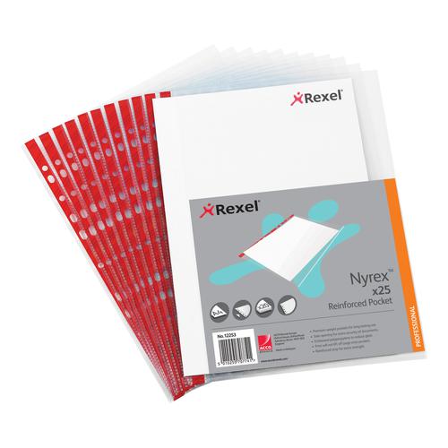 Rexel+Nyrex+Pocket+Reinforced+Red+Strip+Side-opening+85+Micron+A4+Clear+Ref+12253+%5BPack+of+25%5D