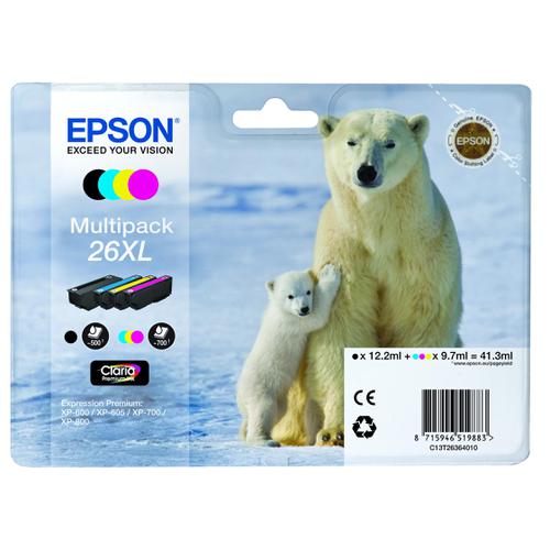 Epson+26XL+Inkjet+Cartridge+Polar+Bear+HY+Black%2FCyan%2FMagenta%2FYellow+41.3ml+Ref+C13T26364010+%5BPack+4%5D