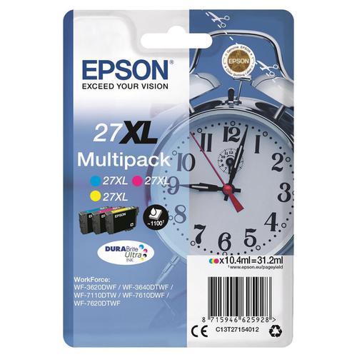 Epson 27XL Inkjet Cart Alarm Clock High Yield Page Life 1100pp 10.4ml C/M/Y Ref C13T27154012 [Pack 3]