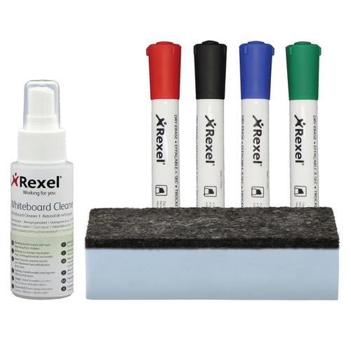 Rexel Whiteboard Cleaning Kit 4 Asst Dry-Erase Markers/Foam Eraser/Spray Cleaning Fluid Ref 1903798