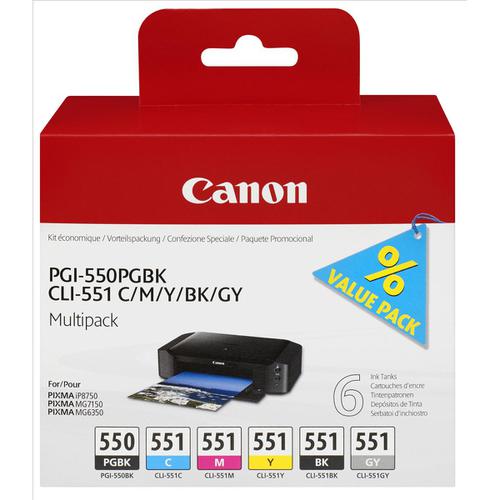 Canon PGI-550/CLI-551 Inkjet Cart HY Black/Cyan/Magenta/Yellow/Photo Black/Grey Ref 6496B005 [Pack 6]