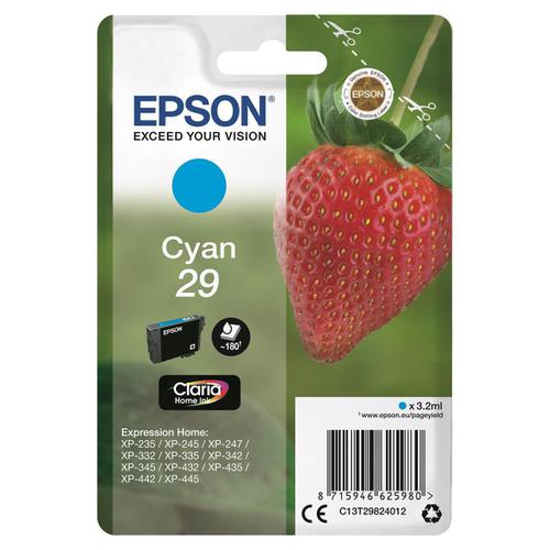 Epson 29 InkJet Cartridge Strawberry Page Life 180pp 3.2ml Cyan Ref C13T29824012
