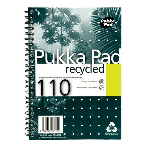 Pukka Pad Recycled Notebook Wirebound 80gsm Ruled Perforated 110pp A5 Green Ref RCA5/110 [Pack 3]