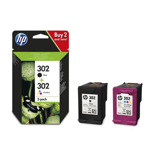 Hewlett Packard [HP] No.302 Inkjet Cart Black 190pp 3.5ml & Tri-colour 165pp 4ml Ref X4D37AE [Pack 2]