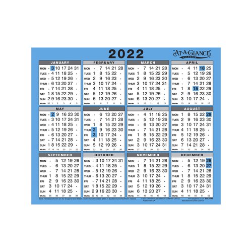 At-A-Glance 2022 Wall/Desk Calendar Year to View Gloss Board Binding 254x210mm White/Blue Ref 930 2022