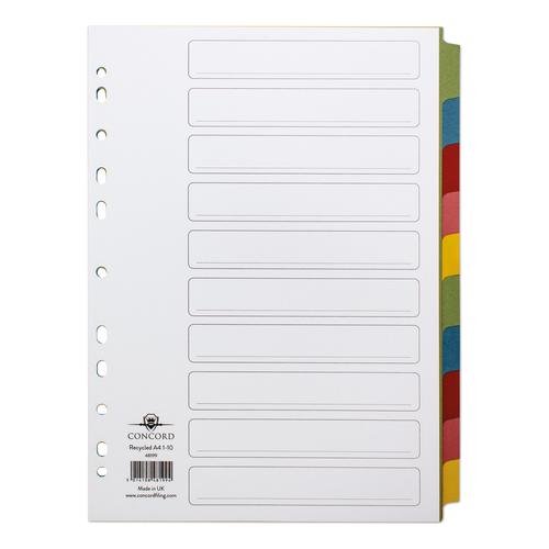 Concord+Subject+Dividers+10-Part+Recycled+Card+Multipunched+Multicolour-Tabs+150gsm+A4+White+Ref+48199