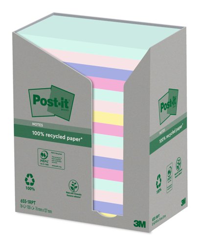 Post-it Recycled Notes, Assorted Colours, 76 mm x 127 mm, 100 Sheets/Pad, 16 Pads/Pack