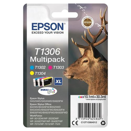 Epson T1306 InkjetCart StagXLPageLife 765ppCyan/600ppMag/Yell1005pp 10.1ml Ref C13T13064012 [Pack 3]