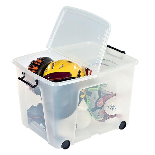 Strata+Smart+Box+Clip-On+Folding+Lid+Carry+Handles+75+Litre+Clear+with+Black+Wheels+Ref+HW676CLR