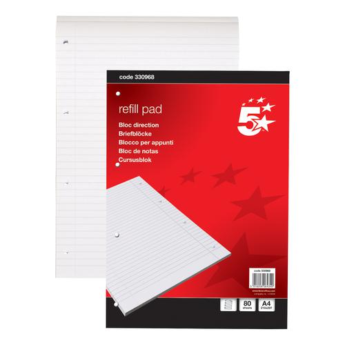 5 Star Office Refill Pad Headbound 60gsm Ruled Margin Punched 4 Holes 160pp A4 Red [Pack 10]