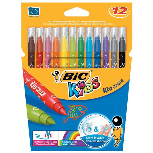 Bic Kids Couleur Felt Tip Pens Washable Water-based Ink Medium Tip Wallet Asstd Cols Ref 920293 [Pack 12]