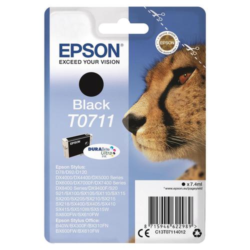 Epson T0711 Inkjet Cartridge Cheetah Page Life 250pp 7.4ml Black Ref C13T07114012
