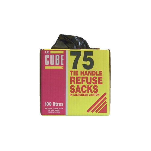 Le Cube Refuse Sacks with Tie Handle in Dispenser Box 100L 1474x1066mm Black Ref 0481 [Pack 75]