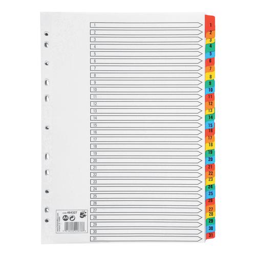 5 Star Office Index 1-31 Multipunched Mylar-reinforced Multicolour-Tabs 150gsm A4 White