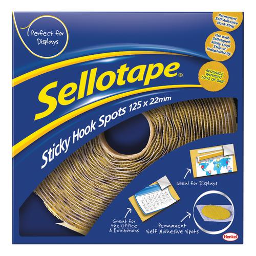Sellotape+Permanent+Sticky+Hook+Spots+in+Handy+Dispenser+of+125+Spots+Diameter+22mm+Yellow+Ref+1445185