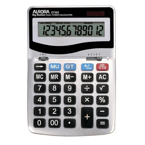 Aurora+Desktop+Calculator+12+Digit+4+Key+Memory+Battery%2FSolar+Power+133x35x198mm+Silver+Ref+DT303