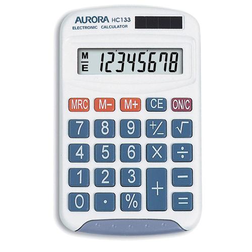 Aurora+Handheld+Calculator+8+Digit+3+Key+Memory+Solar+and+Battery+Power+70x15x115mm+White+Ref+HC133