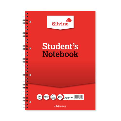 Silvine Student Notebook Wirebound 75gsm Narrow Ruled Punched 4 Holes 120pp A4 Red Ref 141 [Pack 12]