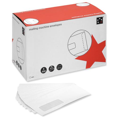 5 Star Office Envelopes Mailing Machine Wallet Gummed with Window 90gsm DL 162x238mm White [Pack 500]